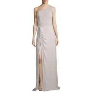 RENE RUIZ silver draped jersey one shoulder floor length gown